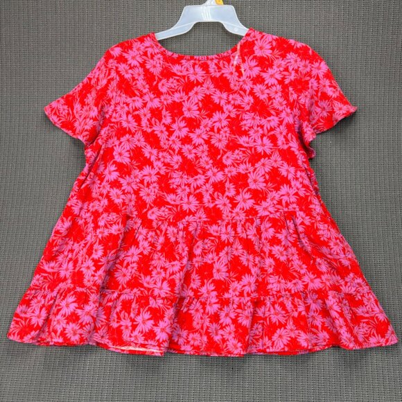 Terra & Sky Womens 1X (16W-18W) Red Floral Print Top Short Sleeve Swing Tiered - Picture 3 of 8